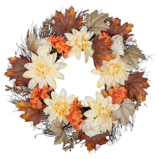 Orange and Cream Floral Fall Harvest Artificial Wreath 22&#x22;